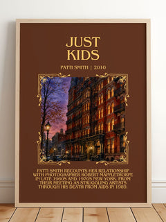 Just Kids Minimalist Book Poster by Patti Smith – framed print leaning on a wooden floor