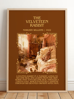 The Velveteen Rabbit Minimalist Book Poster by Margery Williams – framed print leaning on a wooden floor