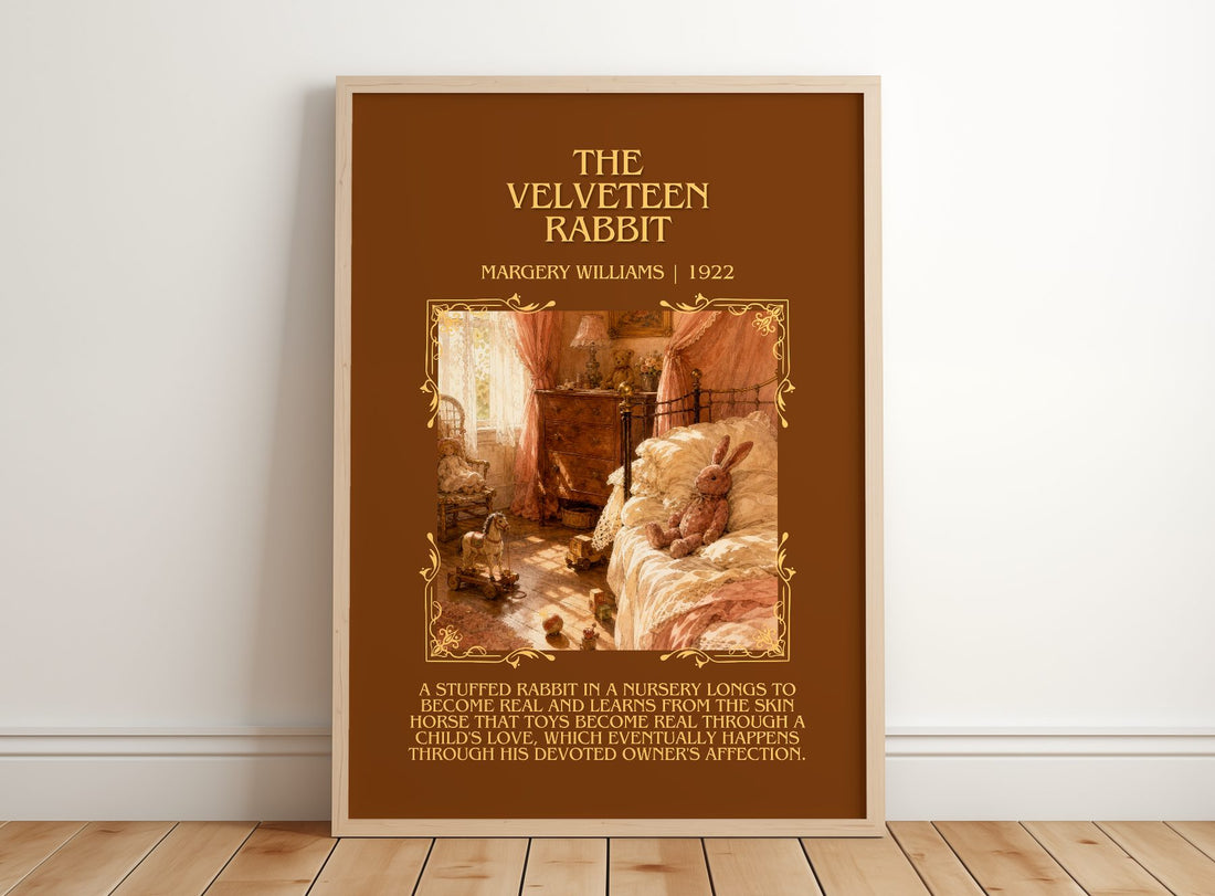 The Velveteen Rabbit Minimalist Book Poster by Margery Williams – framed print leaning on a wooden floor