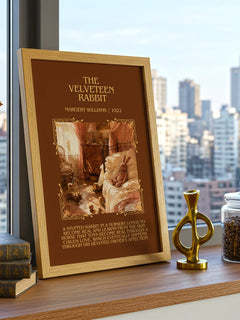 The Velveteen Rabbit Minimalist Book Poster by Margery Williams – framed print on a city-view windowsill