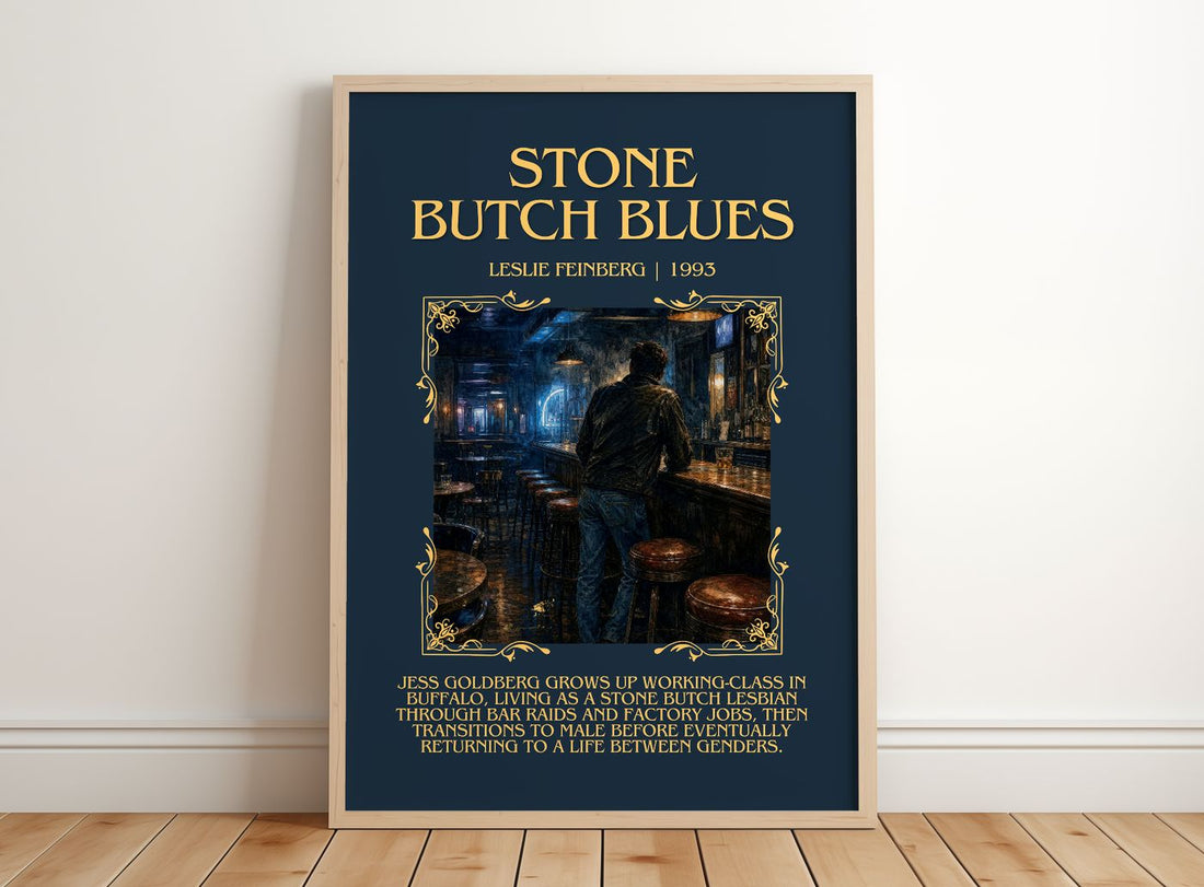 Stone Butch Blues Minimalist Book Poster by Leslie Feinberg – framed print leaning on a wooden floor