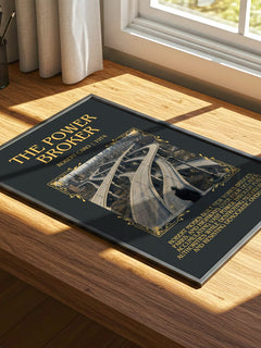 The Power Broker Minimalist Book Poster by Robert Caro – print on a sunlit desk