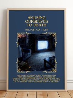 Amusing Ourselves To Death Minimalist Book Poster by Neil Postman – framed print leaning on a wooden floor