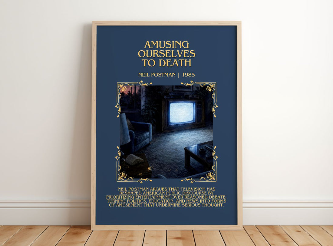 Amusing Ourselves To Death Minimalist Book Poster by Neil Postman – framed print leaning on a wooden floor