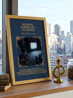 Amusing Ourselves To Death Minimalist Book Poster by Neil Postman – framed print on a city-view windowsill