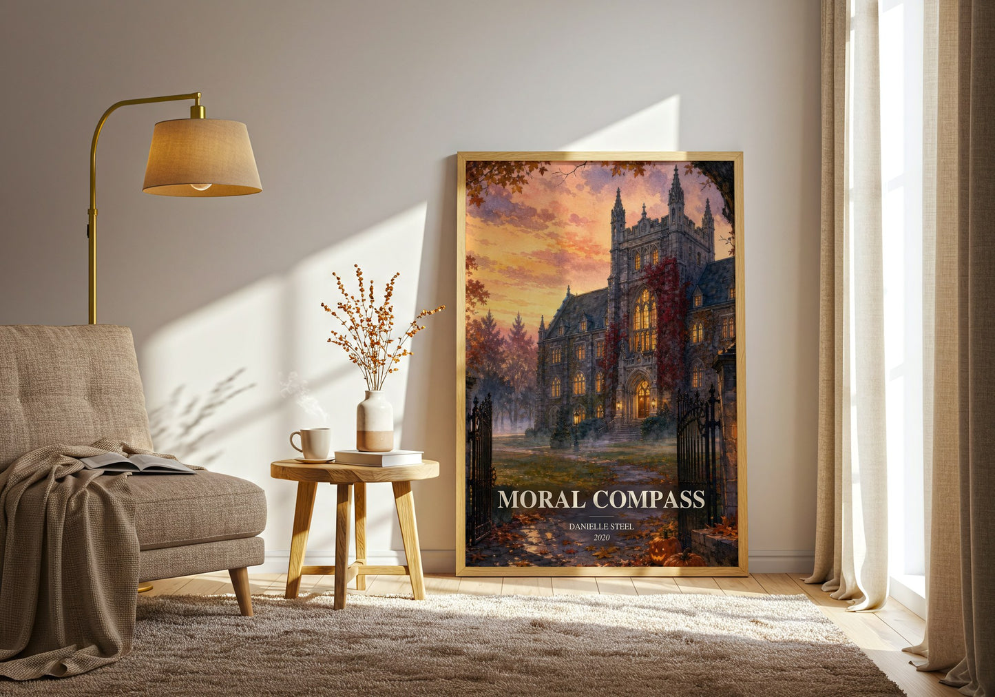 Moral Compass watercolour print in frame leaning in hallway – contemporary fiction wall art