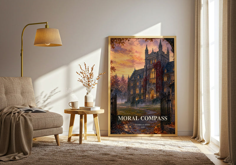 Moral Compass watercolour print in frame leaning in hallway – contemporary fiction wall art