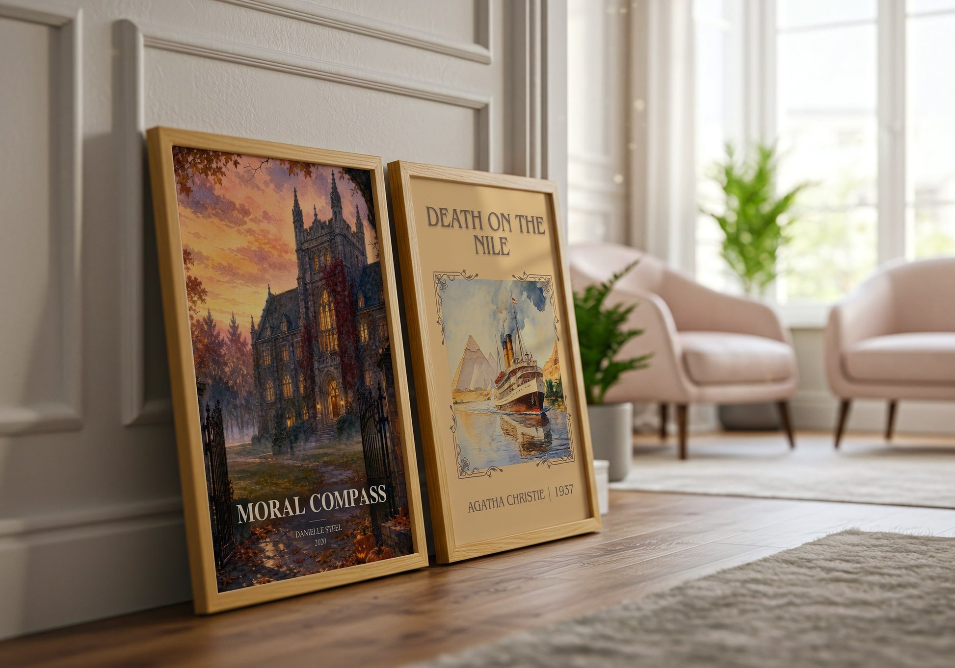 Moral Compass watercolour print framed by window – literary home decor