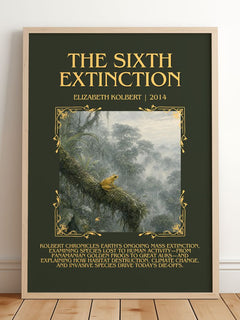 The Sixth Extinction Minimalist Book Poster by Elizabeth Kolbert – framed print leaning on a wooden floor
