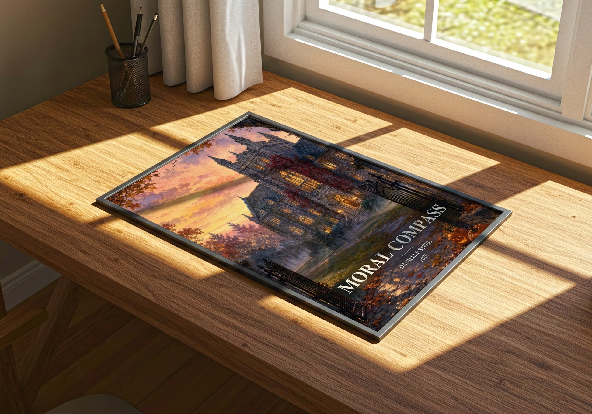 Moral Compass watercolour book poster framed on wall – contemporary fiction wall art