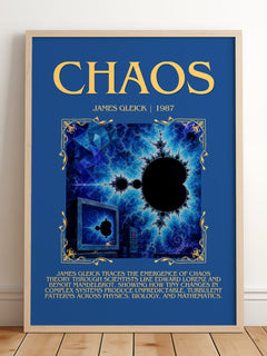 Chaos Minimalist Book Poster by James Gleick – framed print leaning on a wooden floor