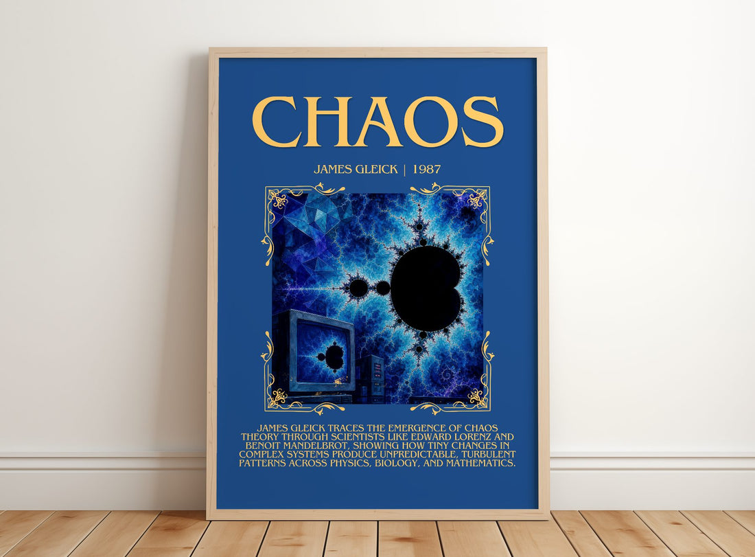 Chaos Minimalist Book Poster by James Gleick – framed print leaning on a wooden floor