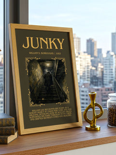 Junky Minimalist Book Poster by William S. Burroughs – framed print on a city-view windowsill