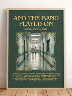 And the Band Played On Minimalist Book Poster by Randy Shilts – framed print leaning on a wooden floor