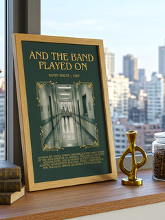 And the Band Played On Minimalist Book Poster by Randy Shilts – framed print on a city-view windowsill