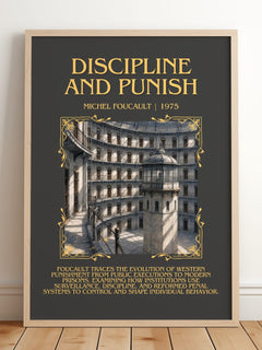 Discipline and Punish Minimalist Book Poster by Michel Foucault – framed print leaning on a wooden floor