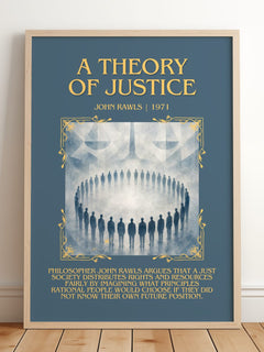 A Theory of Justice Minimalist Book Poster by John Rawls – framed print leaning on a wooden floor