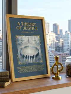 A Theory of Justice Minimalist Book Poster by John Rawls – framed print on a city-view windowsill