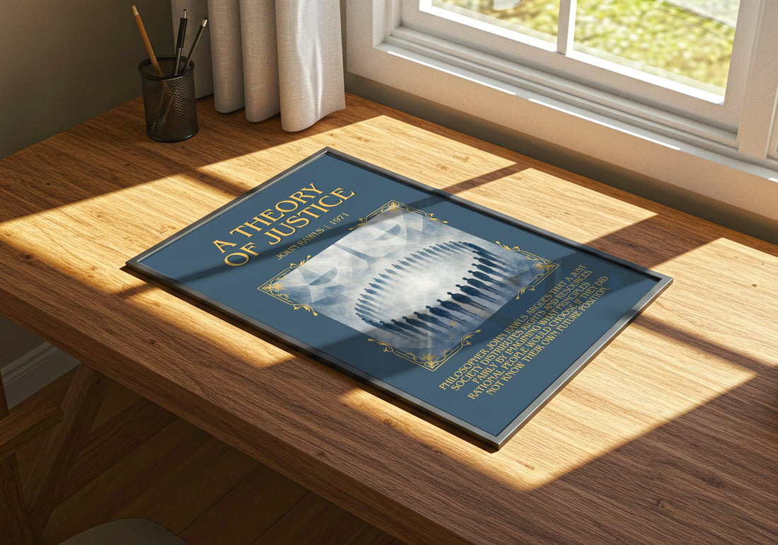 A Theory of Justice Minimalist Book Poster by John Rawls – print on a sunlit desk
