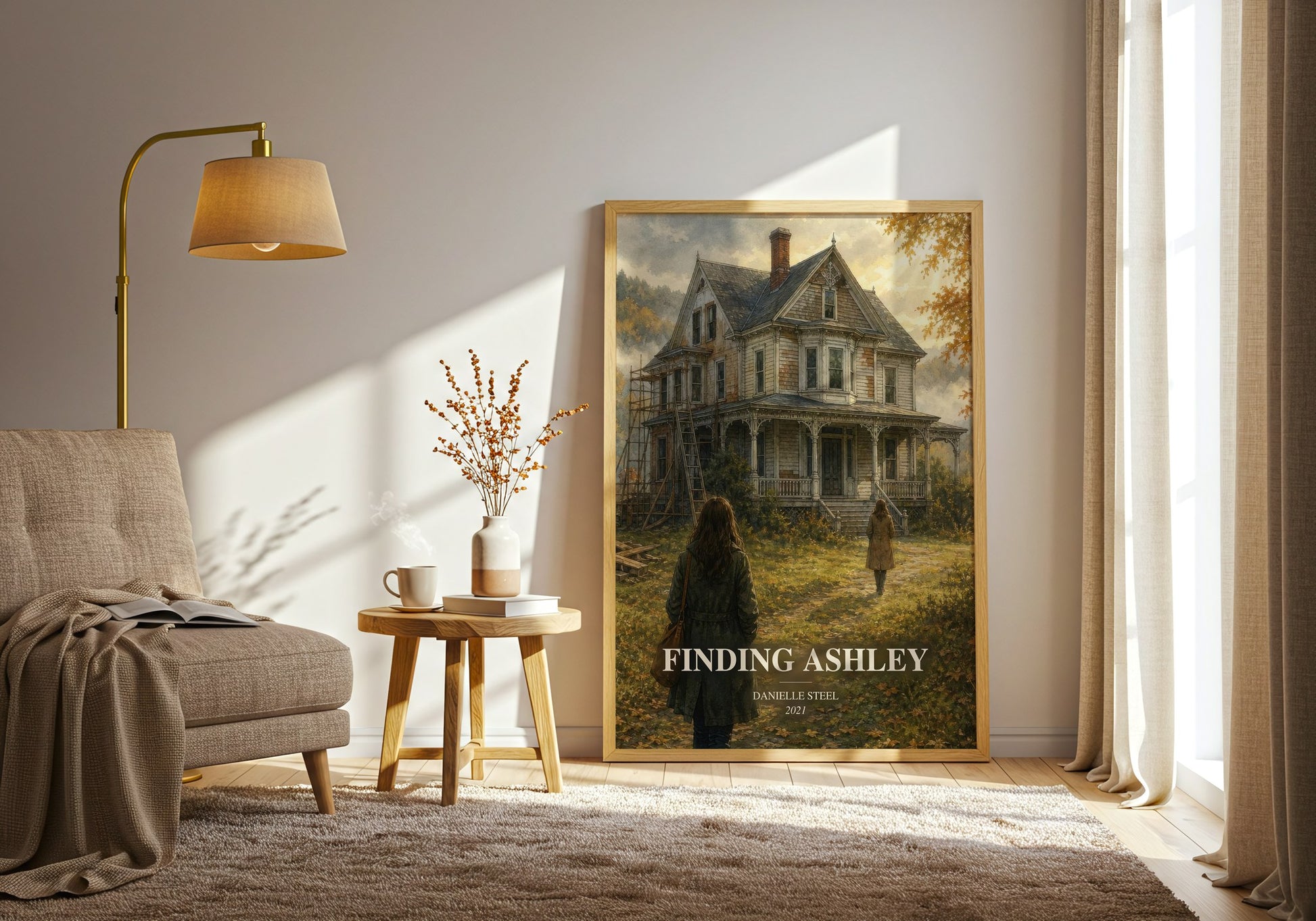 Finding Ashley watercolour print in frame leaning in hallway – contemporary fiction wall art