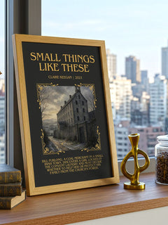 Small Things Like These Minimalist Book Poster by Claire Keegan – framed print on a city-view windowsill