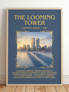 The Looming Tower Minimalist Book Poster by Lawrence Wright – framed print leaning on a wooden floor