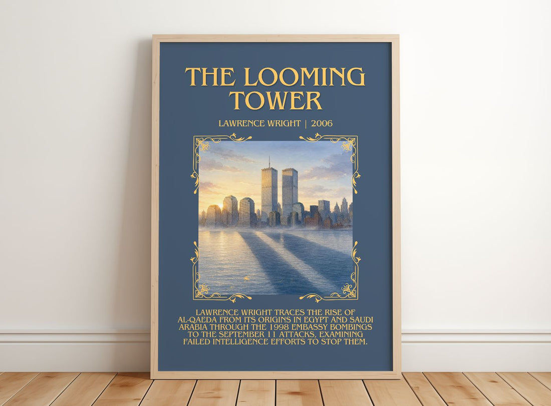 The Looming Tower Minimalist Book Poster by Lawrence Wright – framed print leaning on a wooden floor
