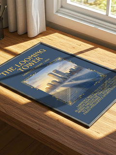 The Looming Tower Minimalist Book Poster by Lawrence Wright – print on a sunlit desk