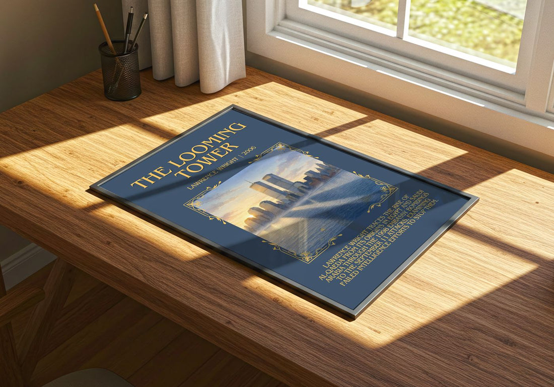 The Looming Tower Minimalist Book Poster by Lawrence Wright – print on a sunlit desk