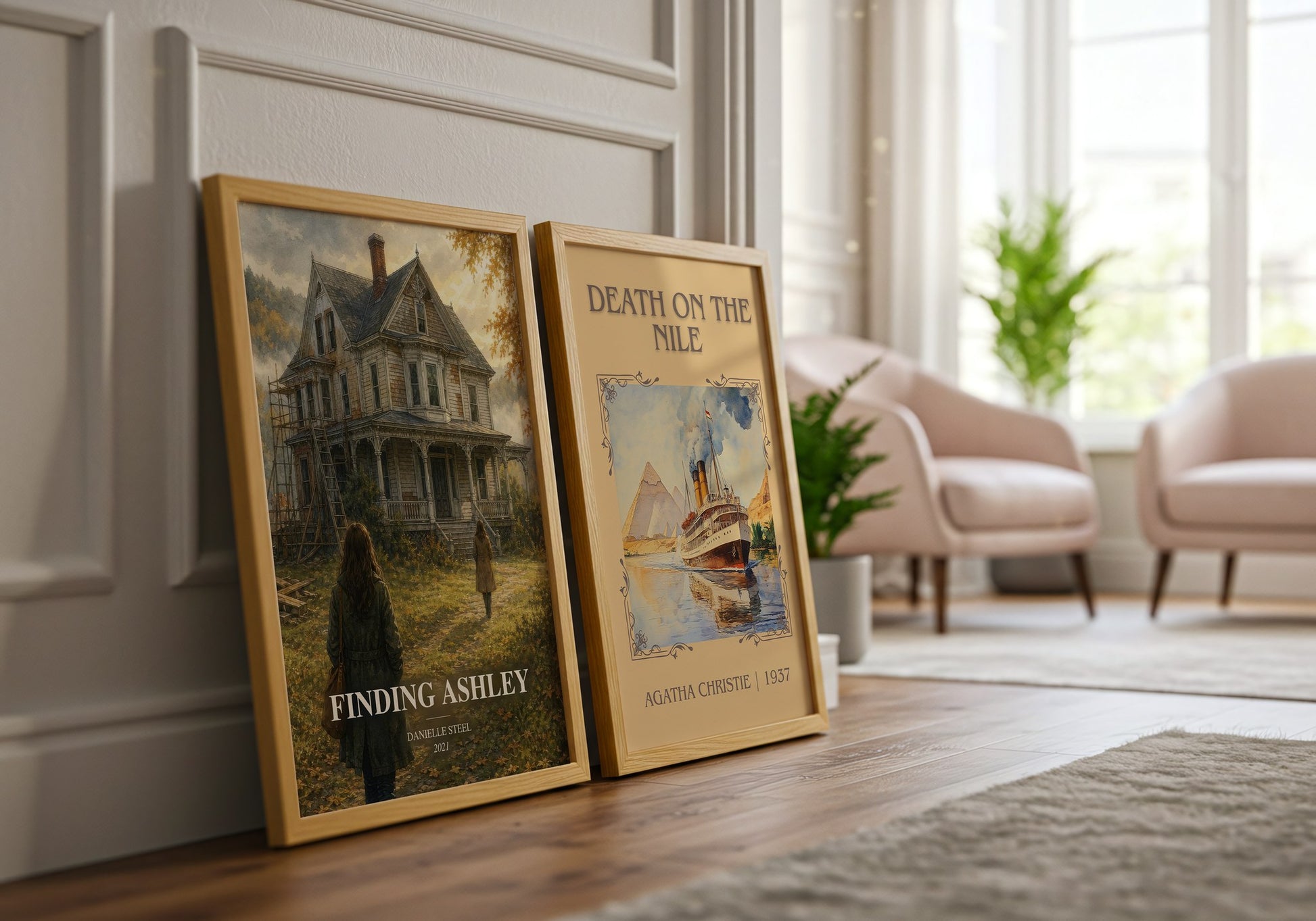 Finding Ashley watercolour print framed by window – literary home decor