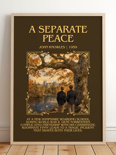 A Separate Peace Minimalist Book Poster by John Knowles – framed print leaning on a wooden floor