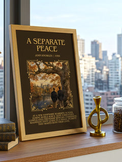 A Separate Peace Minimalist Book Poster by John Knowles – framed print on a city-view windowsill