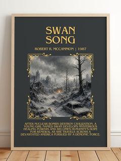 Swan Song Minimalist Book Poster by Robert R. McCammon – framed print leaning on a wooden floor