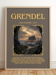Grendel Minimalist Book Poster by John Gardner – framed print leaning on a wooden floor
