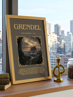 Grendel Minimalist Book Poster by John Gardner – framed print on a city-view windowsill