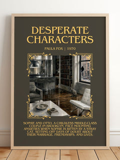 Desperate Characters Minimalist Book Poster by Paula Fox – framed print leaning on a wooden floor