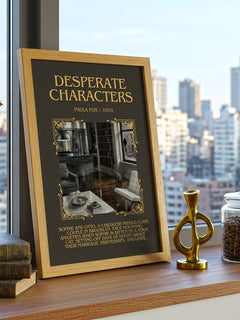 Desperate Characters Minimalist Book Poster by Paula Fox – framed print on a city-view windowsill