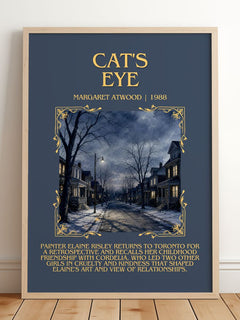 Cat's Eye Minimalist Book Poster by Margaret Atwood – framed print leaning on a wooden floor