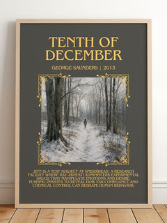 Tenth of December Minimalist Book Poster by George Saunders – framed print leaning on a wooden floor