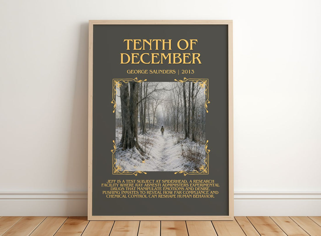 Tenth of December Minimalist Book Poster by George Saunders – framed print leaning on a wooden floor