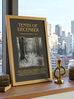 Tenth of December Minimalist Book Poster by George Saunders – framed print on a city-view windowsill