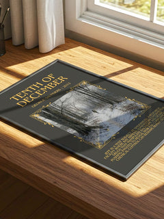 Tenth of December Minimalist Book Poster by George Saunders – print on a sunlit desk