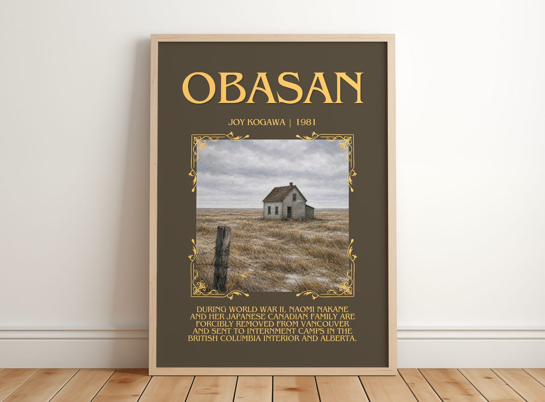 Obasan Minimalist Book Poster by Joy Kogawa – framed print leaning on a wooden floor