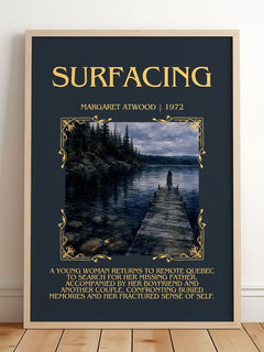 Surfacing Minimalist Book Poster by Margaret Atwood – framed print leaning on a wooden floor