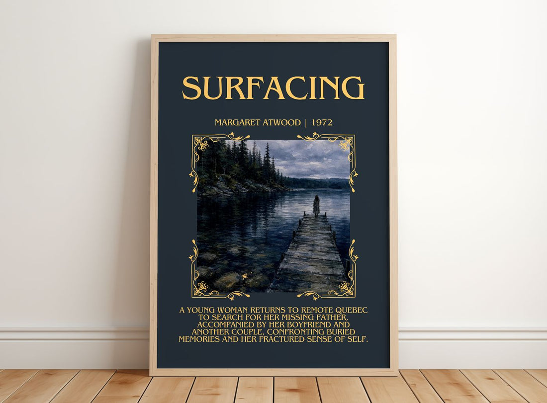 Surfacing Minimalist Book Poster by Margaret Atwood – framed print leaning on a wooden floor