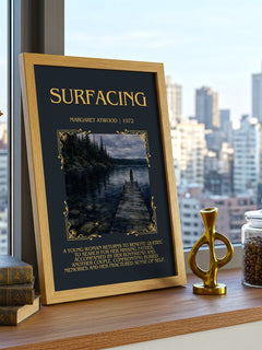 Surfacing Minimalist Book Poster by Margaret Atwood – framed print on a city-view windowsill