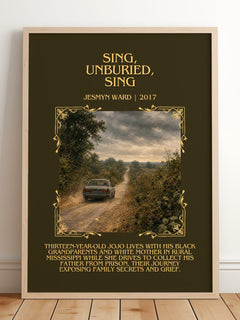 Sing, Unburied, Sing Minimalist Book Poster by Jesmyn Ward – framed print leaning on a wooden floor