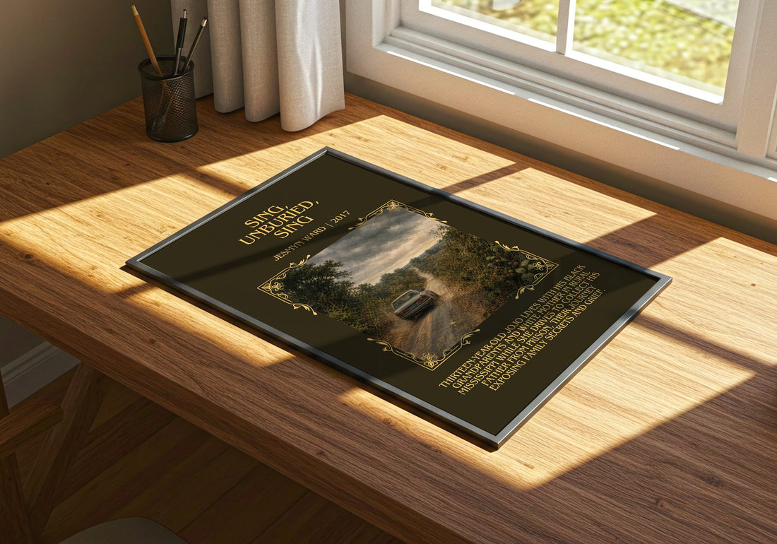 Sing, Unburied, Sing Minimalist Book Poster by Jesmyn Ward – print on a sunlit desk