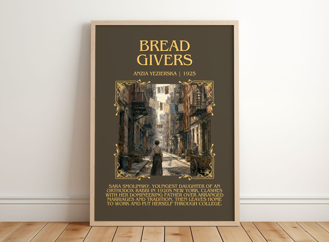 Bread Givers Minimalist Book Poster by Anzia Yezierska – framed print leaning on a wooden floor