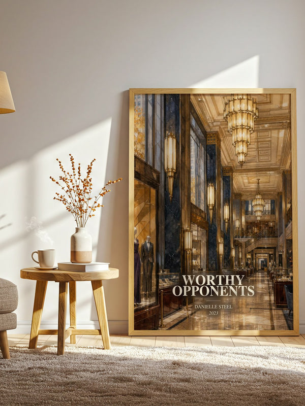 Worthy Opponents watercolour print in frame leaning in hallway – contemporary fiction wall art